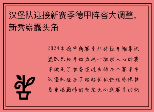 汉堡队迎接新赛季德甲阵容大调整，新秀崭露头角
